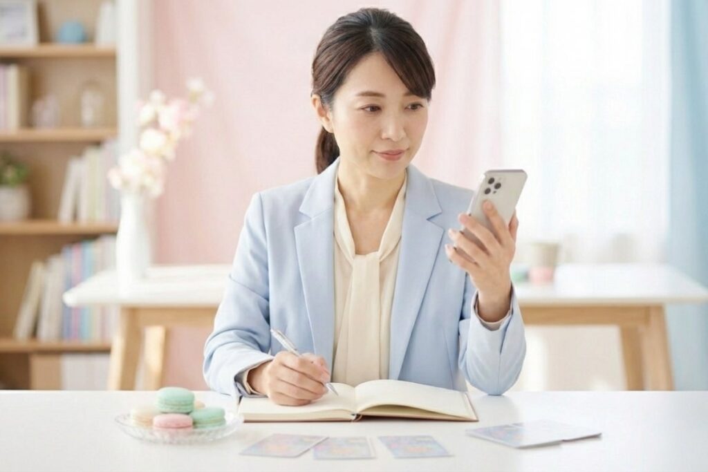 ノートに書き込みをする女性とスマートフォン。テーブル上にカードリーディング用カードが置かれ、画面を確認しながら記録を進めている。