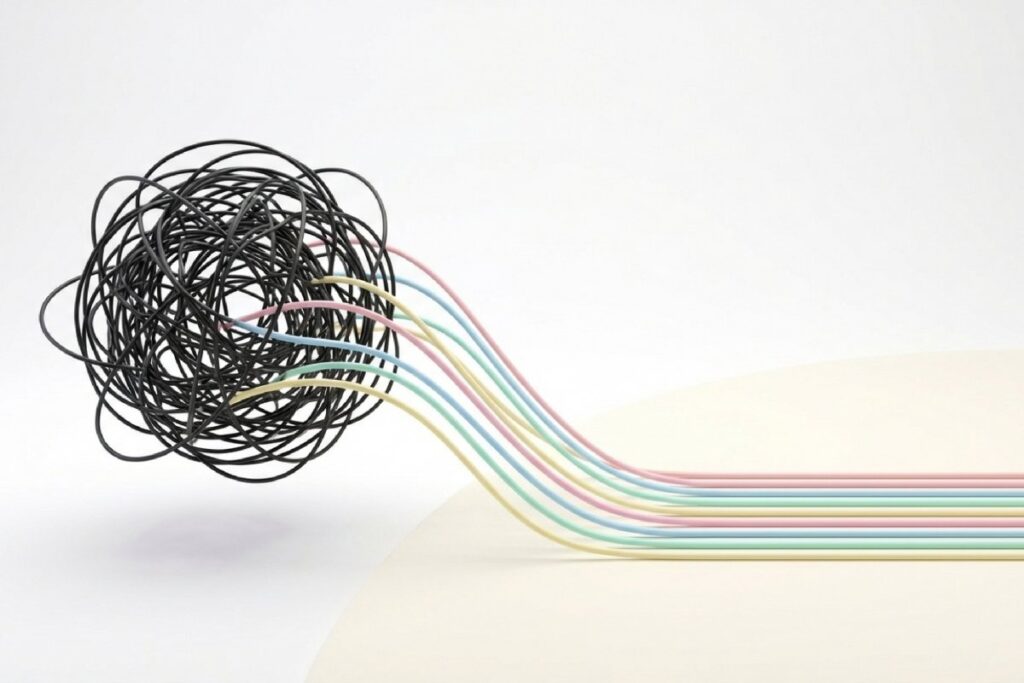 白背景に黒い糸が絡まった塊とパステルカラーの5本のライン。糸の塊からラインが伸び、右側で平行な直線に整列している。