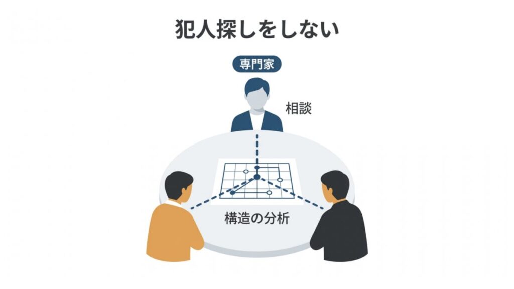 専門家への相談と関係性の構造分析、犯人探しをしない姿勢を示す図解