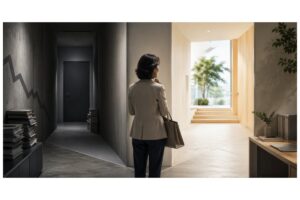 50代の転職はやめとけと言われる不安と希望を表す女性の後ろ姿