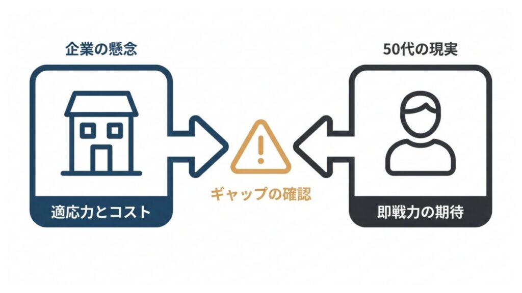 企業の適応力・コスト懸念と50代への即戦力期待のギャップを対比した解説図