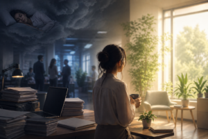 新しい仕事が不安でしょうがない女性が光差す職場で心を落ち着ける様子