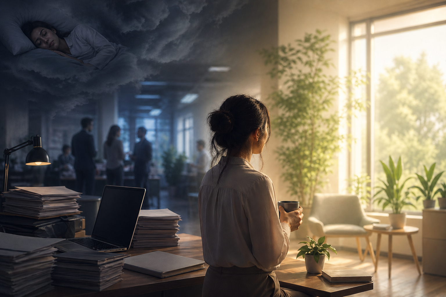 新しい仕事が不安でしょうがない女性が光差す職場で心を落ち着ける様子