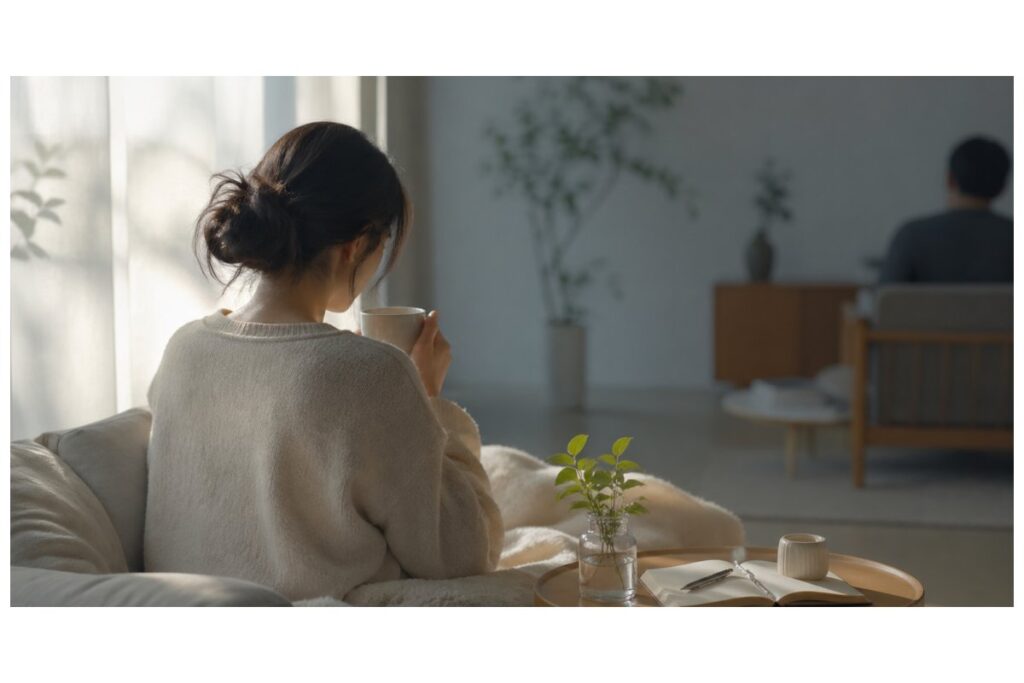 夫婦関係修復に疲れた女性が一人で心を整える様子