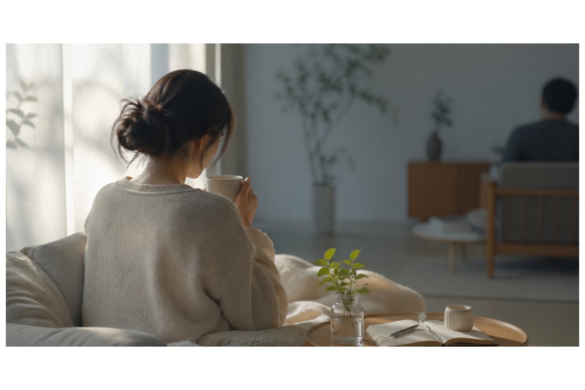 夫婦関係修復に疲れた女性が一人で心を整える様子