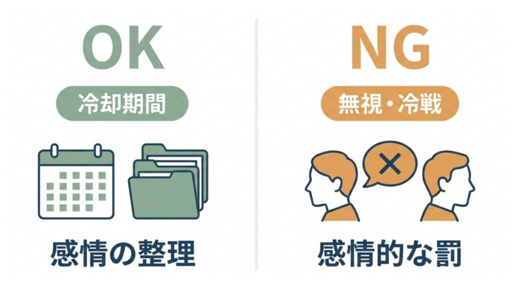 冷却期間と感情整理をOK、無視・冷戦と感情的な罰をNGで対比した図解